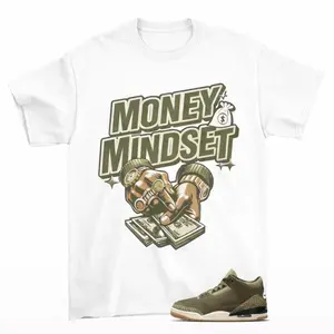 Men's Round Neck Short-Sleeve Soft Smooth Cotton Fabric T-Shirt - Olive Green Classic Basic Menswear Graphic Tee with Money Mindset Prints, Cash Illustration, Casual Layering Top