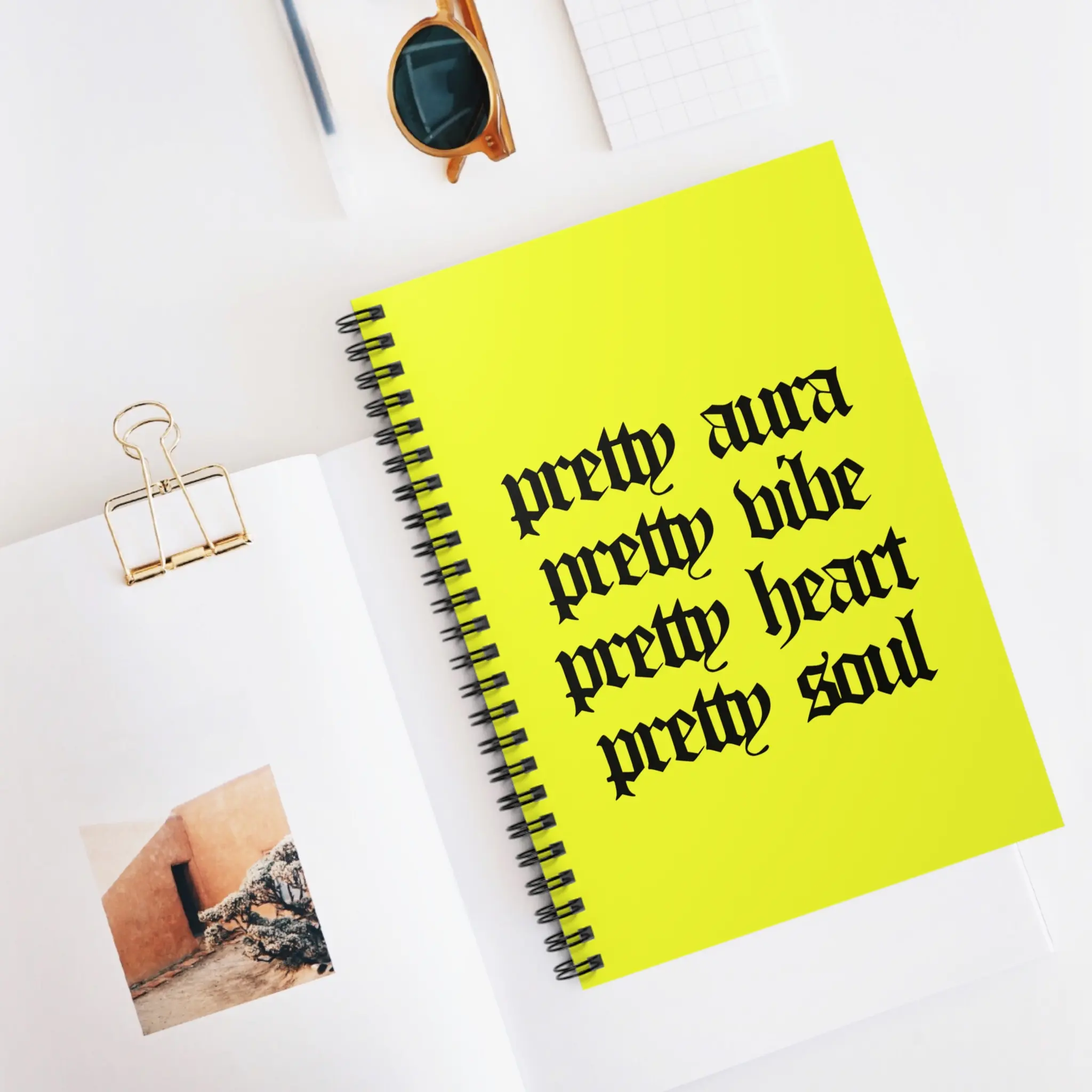 Vibrant Spiral Notebook - 'Pretty Aura, Pretty Vibe, Pretty Heart, Pretty Soul' - Perfect for Journaling, Sketching, Gift for Teens, School, Back To School, Notes, Trendy Quotes, Planner, Journaling, Yellow, Bright, Y2K, Inspirational Quotes