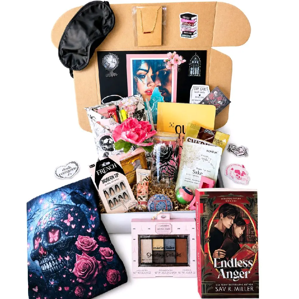 Willow & Sage - Blind Date with a Book Box - Deluxe Hand Decorated Bookish Gifts, Includes Wrapped & Decorated Box & New Book, Designer Book Sleeve, Designer Glass Tumber with lid/straw, Jewelry, Self Care masks, Claw Clip, Candle, Make up Pallete & more