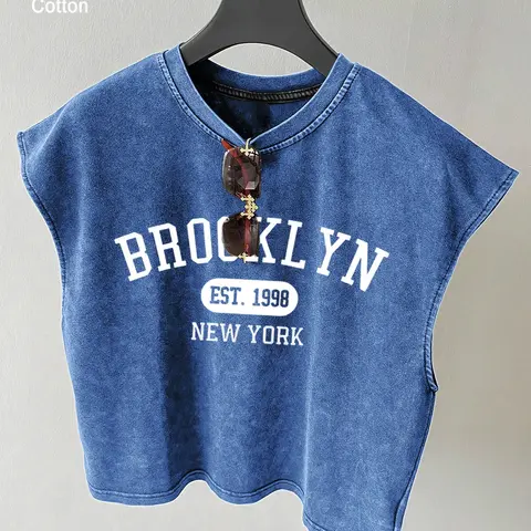 Men's Brooklyn New York Retro City Letter Sleeveless Vest, Casual Printed, High-Quality Washed Cotton, Loose Fit, 1998 Vintage Print, Streetwear Summer Top