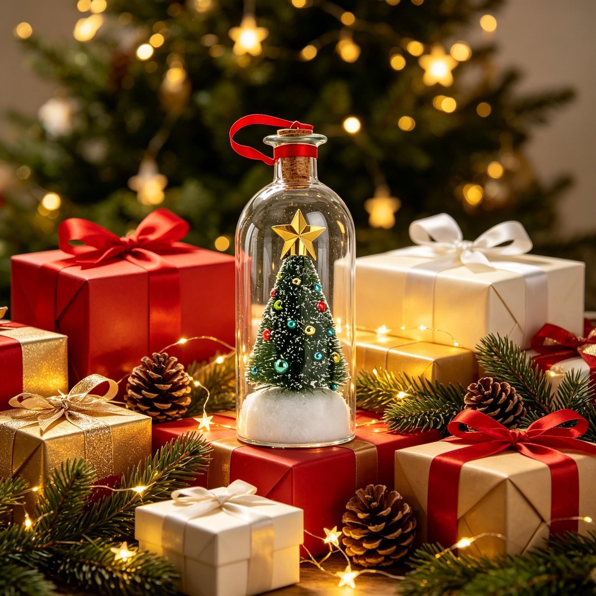 Christmas Mini Christmas Tree in Glass Bottle Recordable Voice Message Ornament Desktop Tabletop Decor Unique Christmas Gift   Voice Recording Keepsake Present and Christmas decorations.