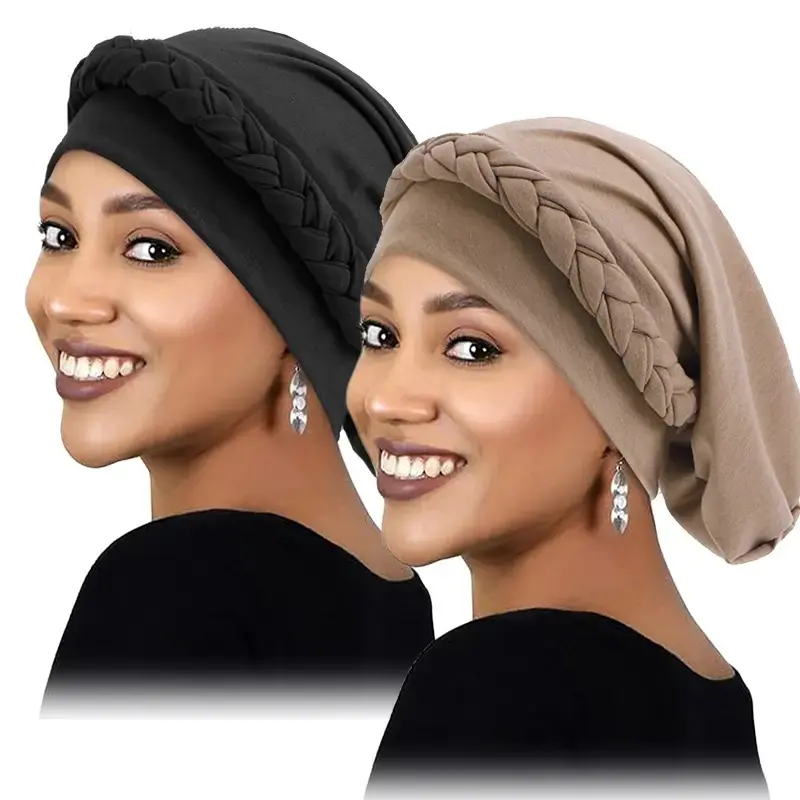 Humwam 2Pcs Braided Turban Set, Solid Color Breathable Elastic Headscarf, Ramadan Beanie & Chemo Head Wrap