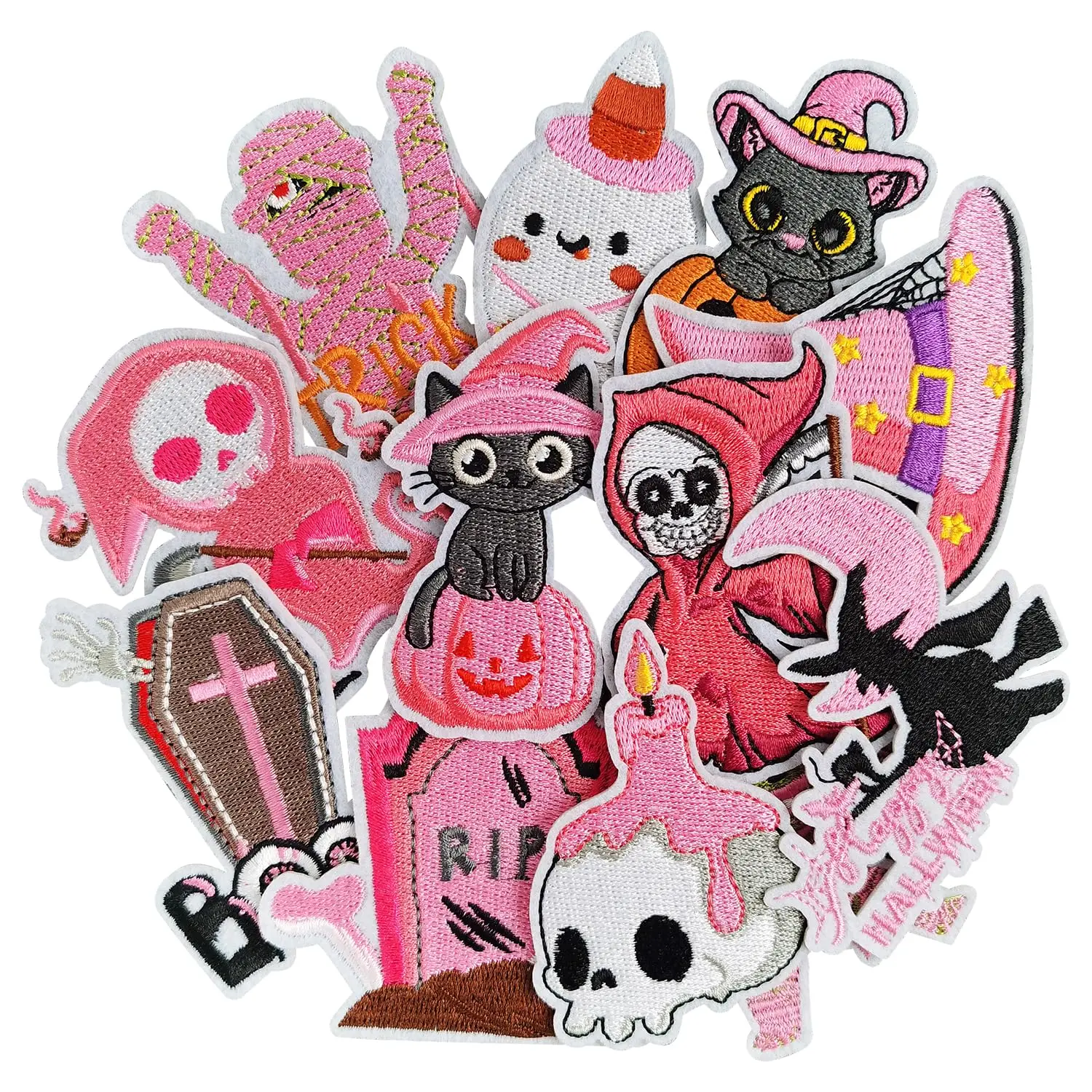 12-Piece Pink Horror Ghost Iron-On Custom Embroidered Fabric Patches - Halloween Fun Sewing Supplies with Ghost Motifs for Clothing Decor, Hats Bags