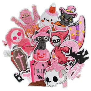 12-Pieces Pink Ghost Iron-On Embroidered Patches, Halloween Festival Appliques for Hats, Clothes, Bags