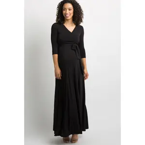 Black Solid Sash Tie Maternity Maxi Dress