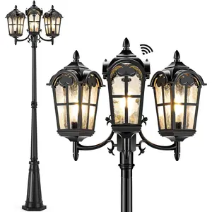 Black Dusk to Dawn Outdoor Post Lights, Halloween Style 3-Head Aluminum Street Lamp Posts Outdoor Lighting, Waterproof Hardwired Lamp Post Light Fixture with Water Glass Shades for Backyard (Bulb not Included)