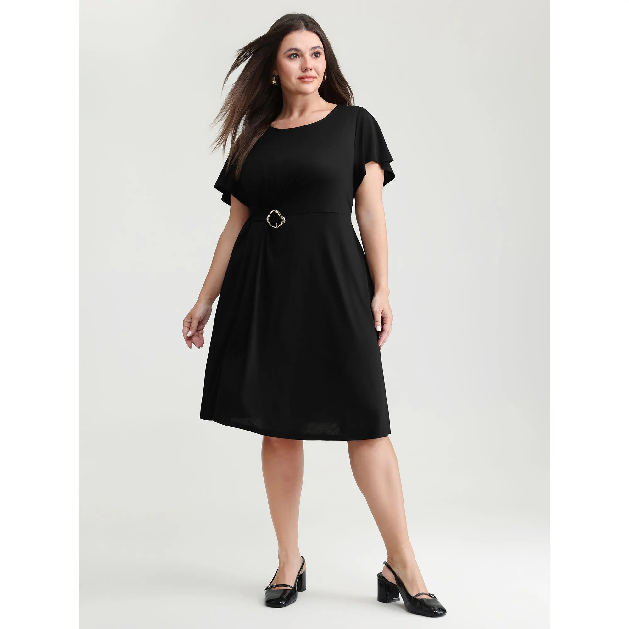 BloomChic Women's Plus Size Solid Office Dress - Ruffle Cap Sleeve, Round Neck, Knee-Length, Pull-On with Pockets, Stretch Rayon Nylon, Spandex, Fit, Black Dresses For Women, Ruffle Sleeve, Lady, Low Iron, Plus Size Clothes, Fabric, Garment