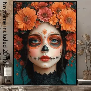 2D Flat, 1pc Mexican Day of the Dead Wall - Vertical Suitable for -rooms Frameless Canvas Painting, Vibrant Calavera Skull & Floral Decor, Latin Cultural Decorations for / Use in Spring/Summer for, Dorm, 2D Flat