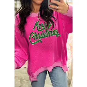 Strawberry Pink Twisted Ribbed Texture Merry Christmas Sequins Patch Top