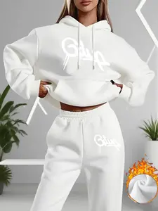 Women's Fall Winter Graphic Print Fleece Hoodie Set, Casual Long Pants Two-Piece, Fashionable Ladies Clothing Collection