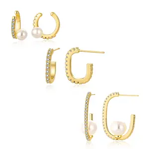 Loyalove 3 Pairs Gold CZ Hoop Cartilage Earrings Set: Dainty CZ Stud Trendy Dangle Pearl Hoop Earrings Hypoallergenic Leaf Piercing Climber Huggie Earring for Women Gold Jewelry for Everyday Ear Studs