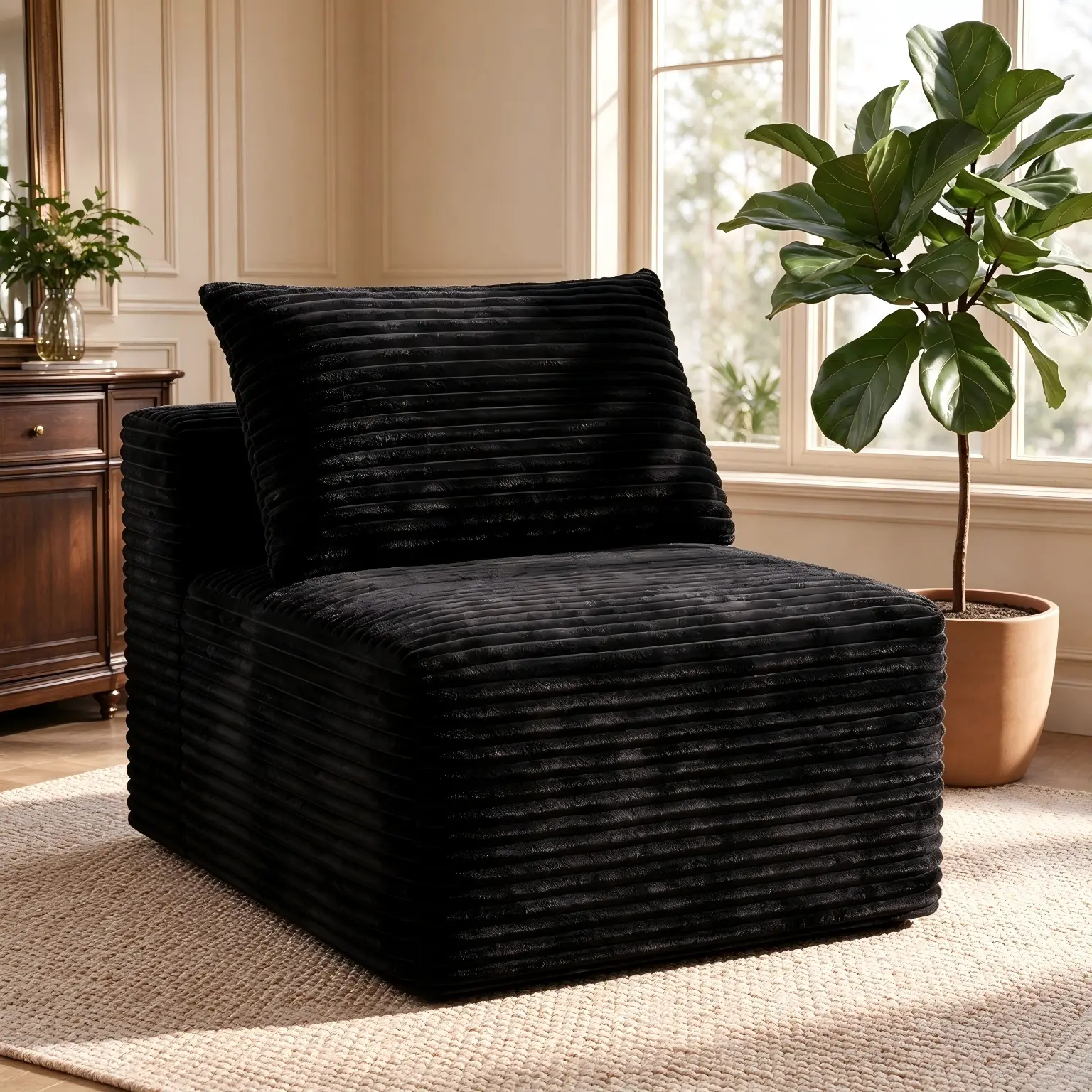 Corduroy Modular Compression Sofa, Armless Floor-Hugging Lounge Accent Chair for Living Room (Black + Corduroy + 1 Seat)