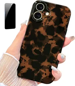 for iPhone 16 Case with Privacy Screen Protector, Aesthetic Tortoise Shell Leopard Pattern, Slim Shockproof Translucent Brown deep Cover, Full Camera Protection, Trendy Case for Women