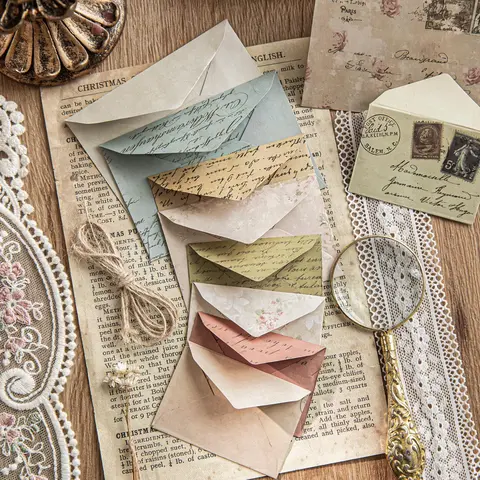 Mini Envelopes Set with 10 Sheets, Writable Paper Material, Includes 10 Sealing Stickers and 1 Meter Twine, Unique Envelopes, Retro Mailing Series, Mailers