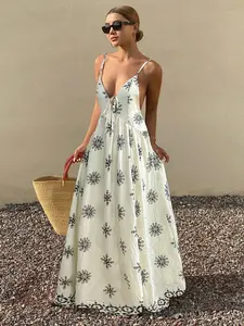 Women's Summer Boho Bohemian Floral Print Beachwear Dress, Casual Sexy Chic Loose Beach Woven Long Dress, Perfect for Daily, Vacation, Festivals & Parties
