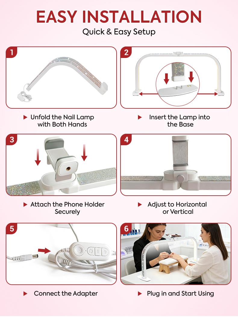 Professional Half Moon Nail Lamp, Foldable 25.6" U-Shaped LED Nail Desk Light With Phone Holder, Dimmable, Adjustable Color Temperature 3000K–6500K