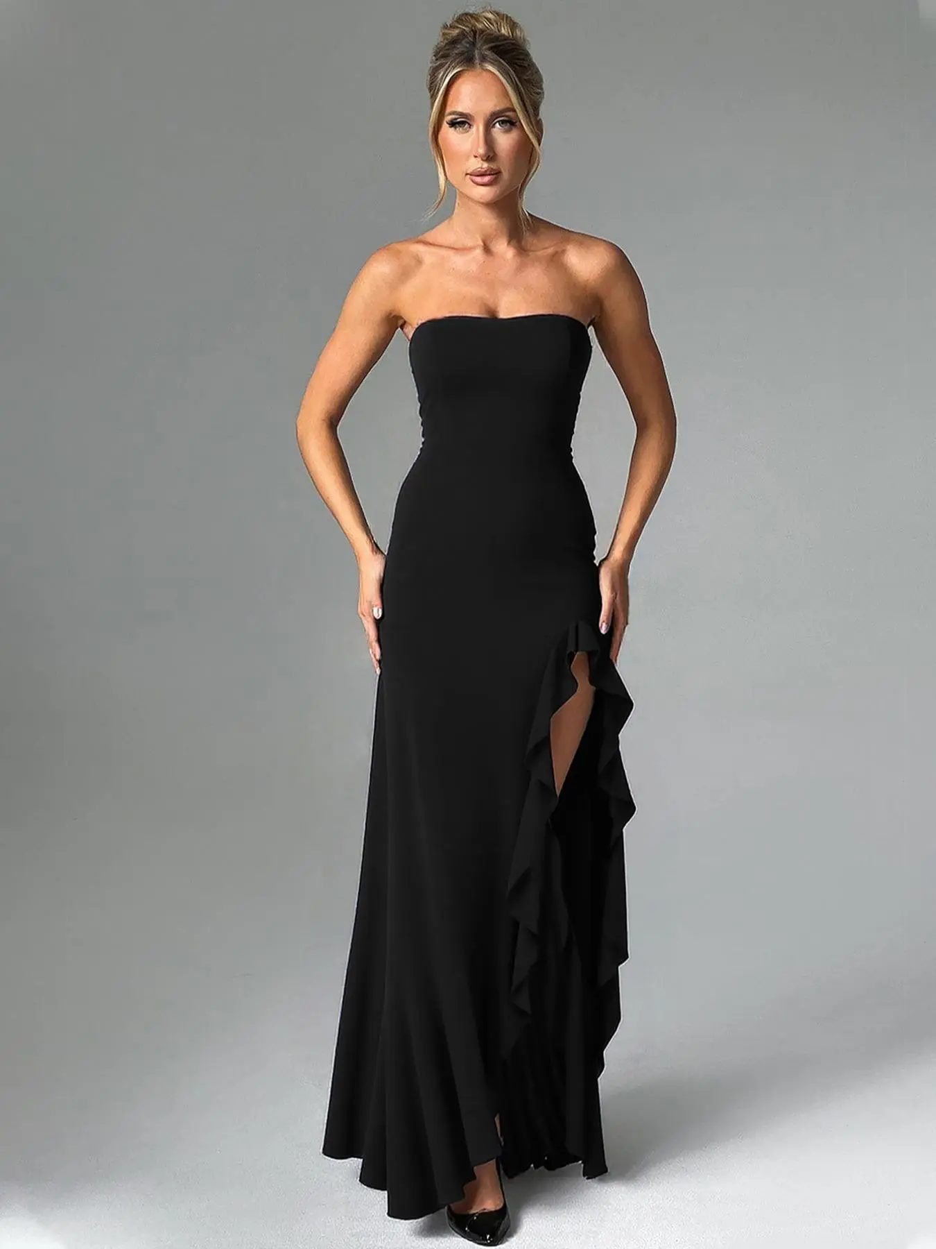 Women's Solid Color Ruffles High Split Off-Shoulder Sleeveless Bodycon Tube  Dress, Elegant Chic Gown, Sexy Strapless Backless Ruched Slit Plain  Birthday Party Club Evening Gown Holiday Formal Dresses for Ladies Girls -