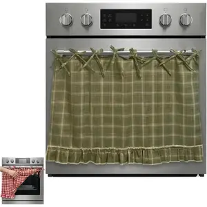 Oven Curtain Tie Top for Farmhouse Kitchen Decor, Oven Skirt Curtain with Trim & 8 Ribbon Ties, Oven Curtain Cover, 30 x 21.5, Oven Door Curtain for Everyday Kitchen