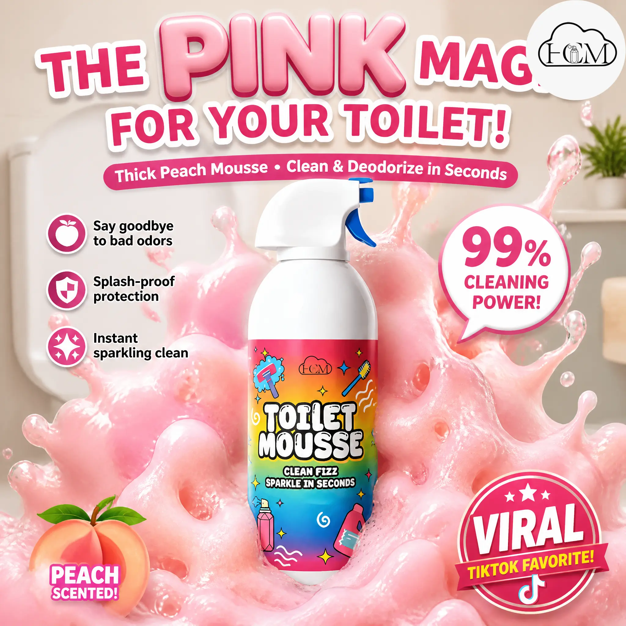 Toilet Cleaning Mousse Dense Rich Foam Rapidly Dissolves Dirt Fresh Peach Scent With Long Lasting Fragrance  Rinses Clean In One Flush  Suitable For Multiple Bathroom Scenes  Floor Drains Faucets And More