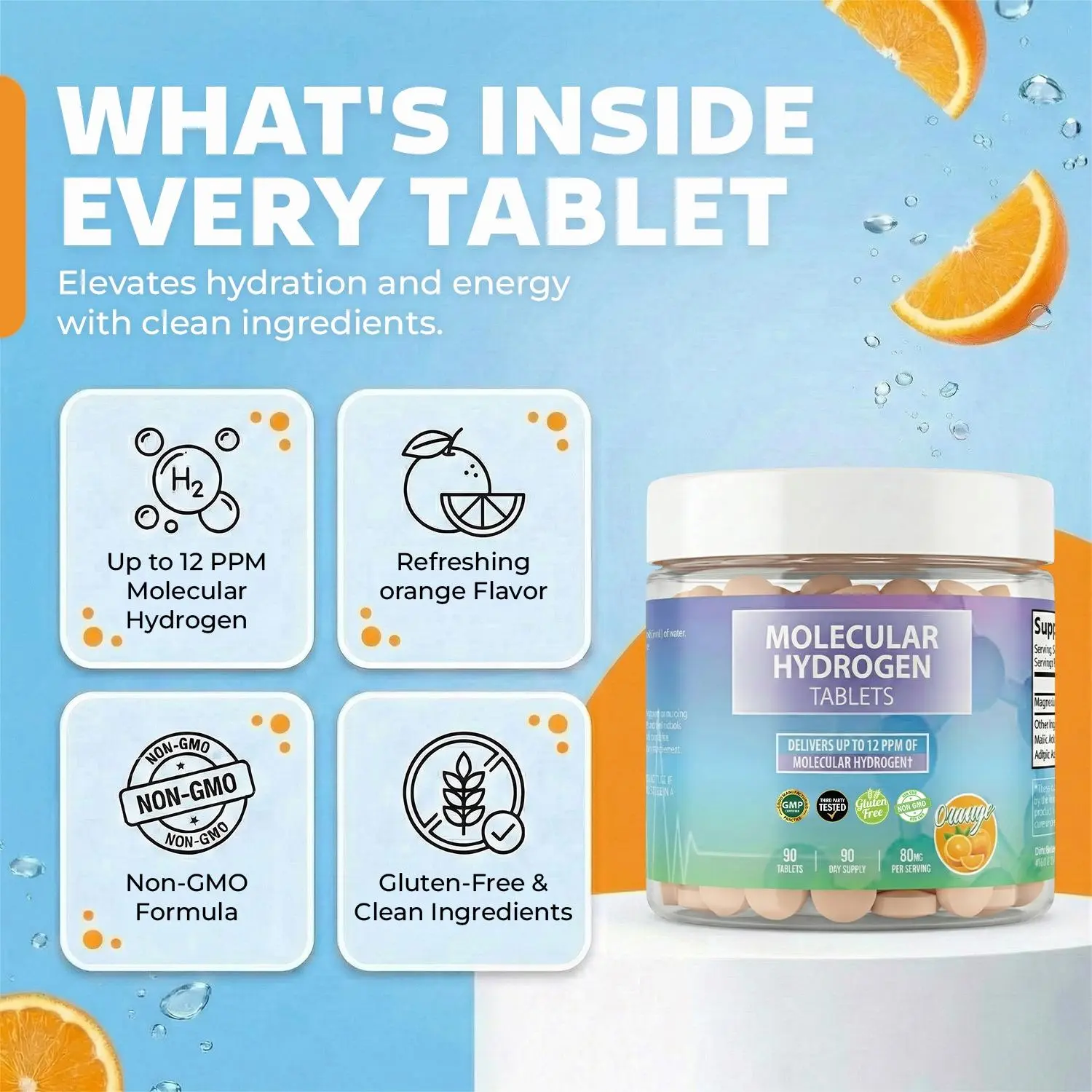 KEEREE Gluten-Free Molecular Hydrogen Water Tablets - H2 Effervescent Tablets with Magnesium Electrolytes for Hydration, Energy Support, Healthy Aging, Orange Flavor (90 Count), Tablet