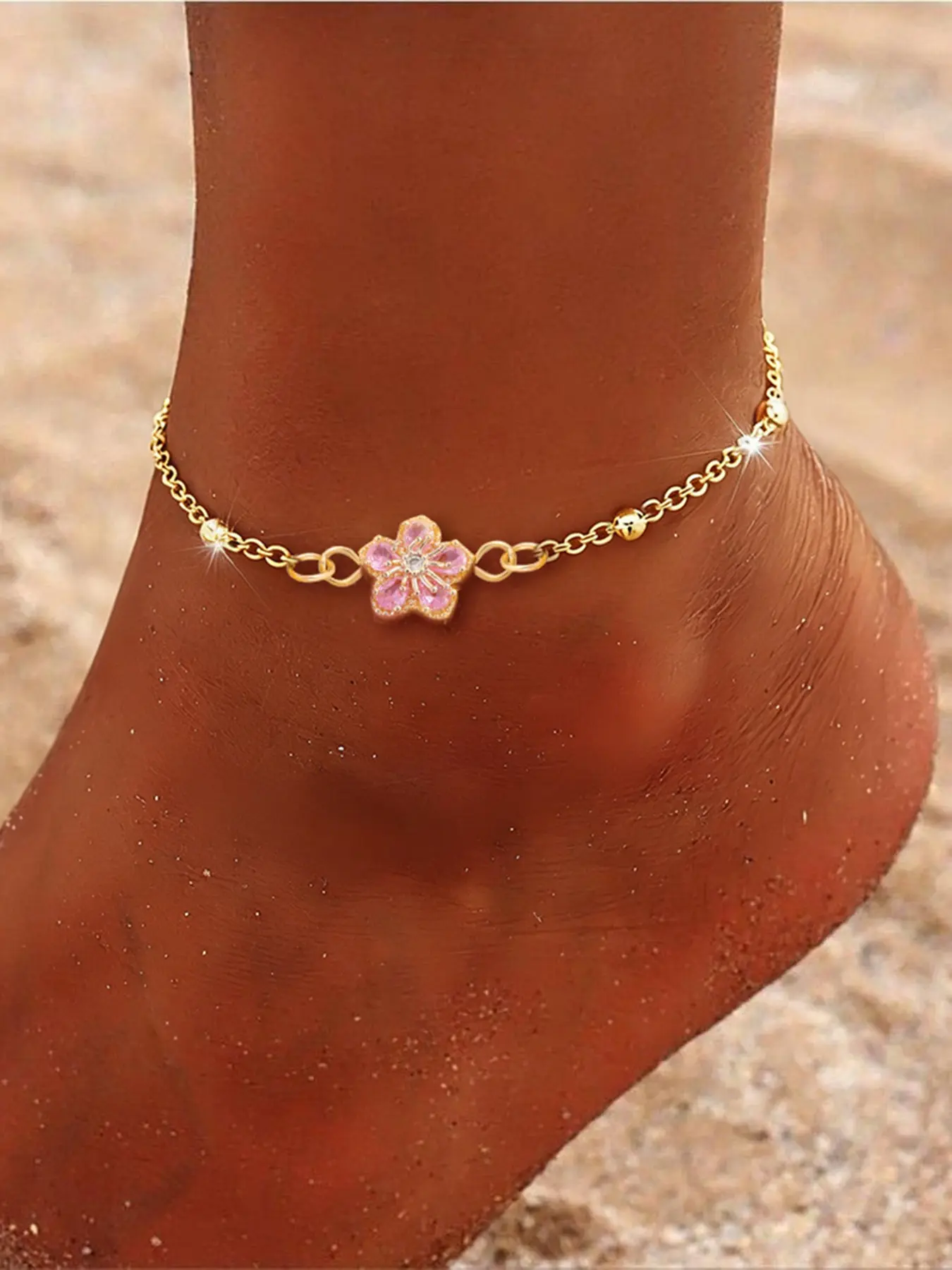 Women's Stainless Steel Ankle Chain Anklet, Anklets Jewelry, Floral Design Artificial Crystal Bead Bracelet, Sweet Style All Season Jewelry