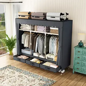 Portable Clothes Organizer for Small Spaces Sturdy 16mm Metal Frame 3 Cubes 3 Hanging Areas 3 Drawers Dust Proof Closet for Quilts Pillows clothing storage Closet Organizer apartment living room  dressers for bedroom furniture set Wardrobe Armoire