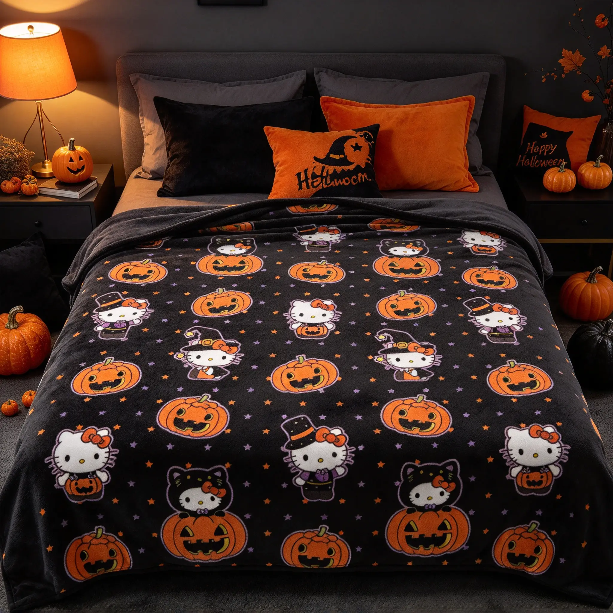 Hello Kitty Halloween Fleece Throw Blanket, Black Background Pumpkin & Witch Hello Kitty Print Blanket, Available in 4 Sizes, Halloween Home Decor for Sofa & Bedroom