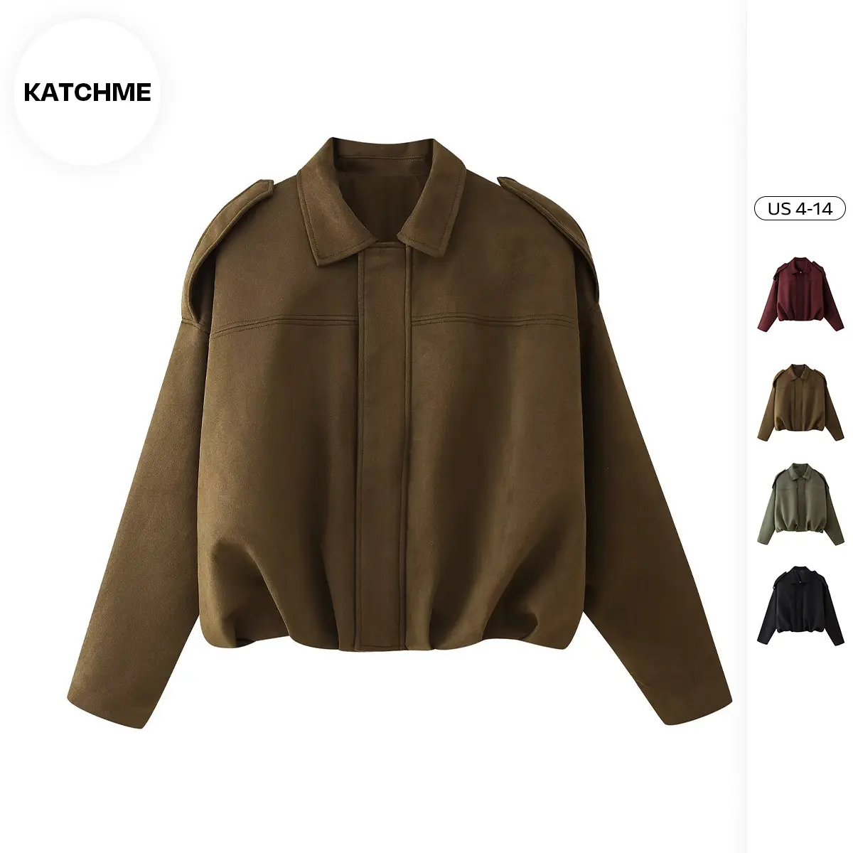 KatchMe Women's Vintage Solid Color Collared Zipper Long Sleeve Loose Jacket, Cozy Outerwear for Lady, Epaulets Plain Jacket, Fall & Winter Outfits(2)
