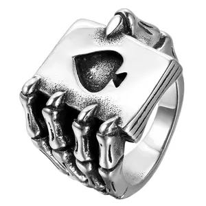 OIDEA Gothic Skull Mechanical Claw Poker Card Ring for Men, Wide Band Dark Gothic Anti-Rust Stainless Steel Heavy-Duty Metal Alternative Artistic Ring (Black, Silver), Dark Gothic Rings, Heavy-Duty Metal Rings