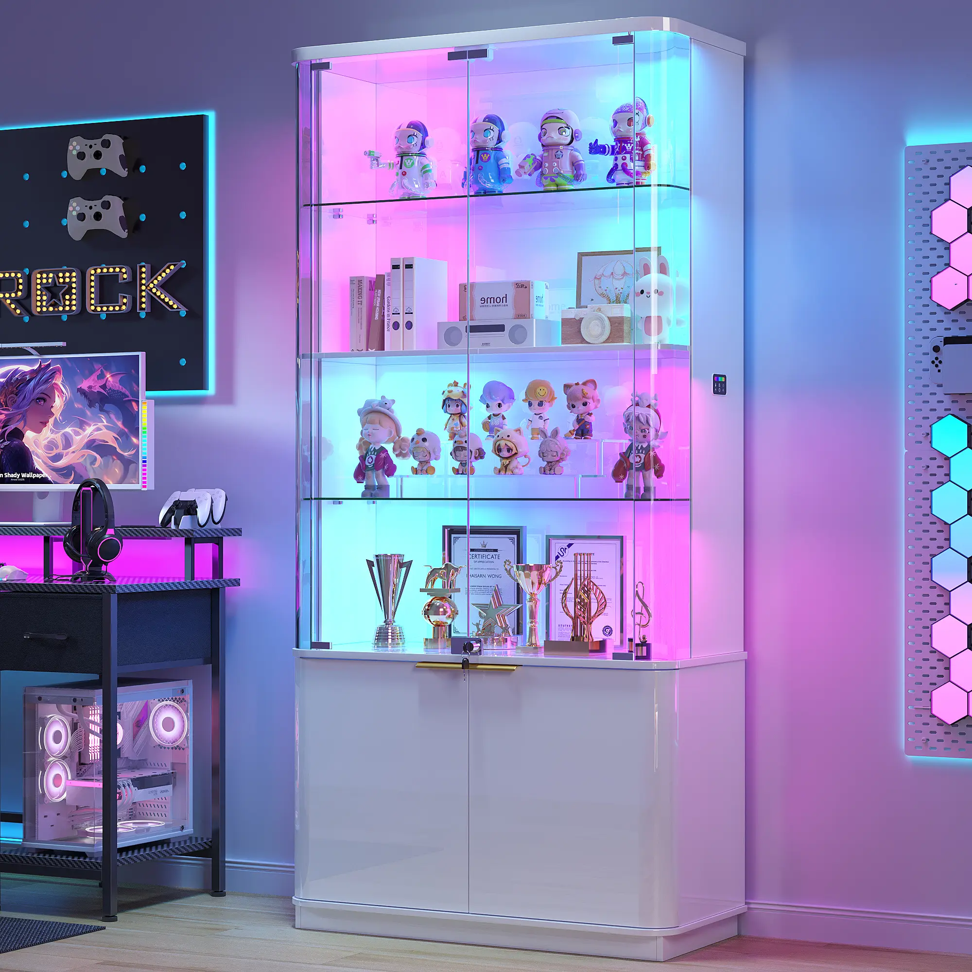 Dystler Sturdy 71" Tall RGB Display Cabinet with Glass Door, 6-Tier Rounded Curio Cabinet (32" w × 15" d × 71" h) with Adjustable Shelves, Locking Trophy Case with App Control Motion Sensor LED Lights for Game Room Collectibles
