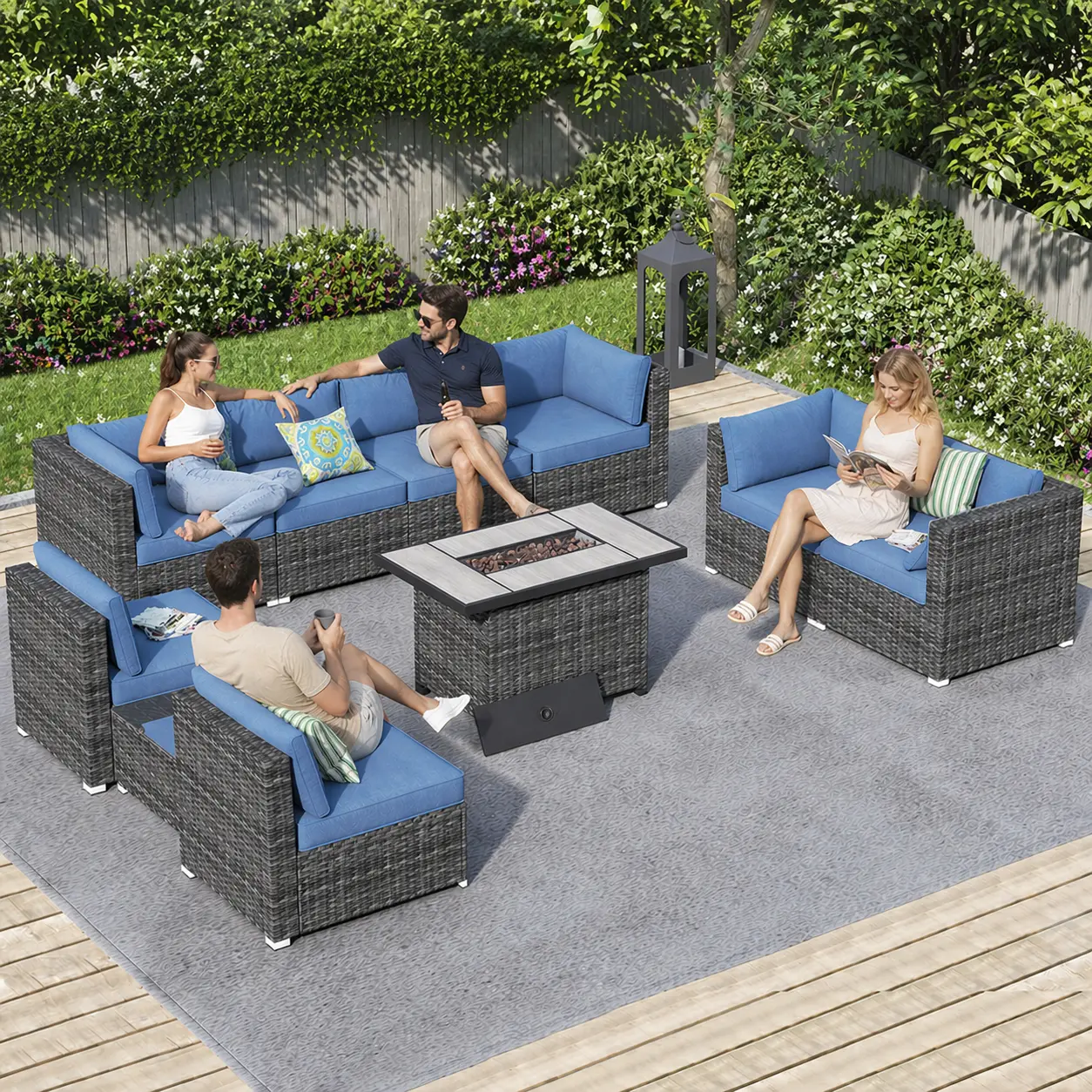 【Summerfinds】Ovios 10-Piece Patio Furniture Set with 42" Fire Pit Table, All-Weather PE Wicker Sectional Sofa Set with Cushions for Backyard, Patio, Deck, Porch & Garden