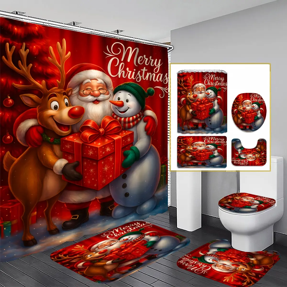 Christmas Shower Curtain Set, Silver Color Washable Curtains with Tree Deer Snowman Design, Includes Hooks, Non-Slip Bath Mat, Toilet Lid Cover