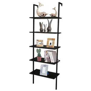 5-layer wall-mounted household steel-wood shelf, density board, iron frame, 61*30.5*182.88cm, black walnut color board, black frame