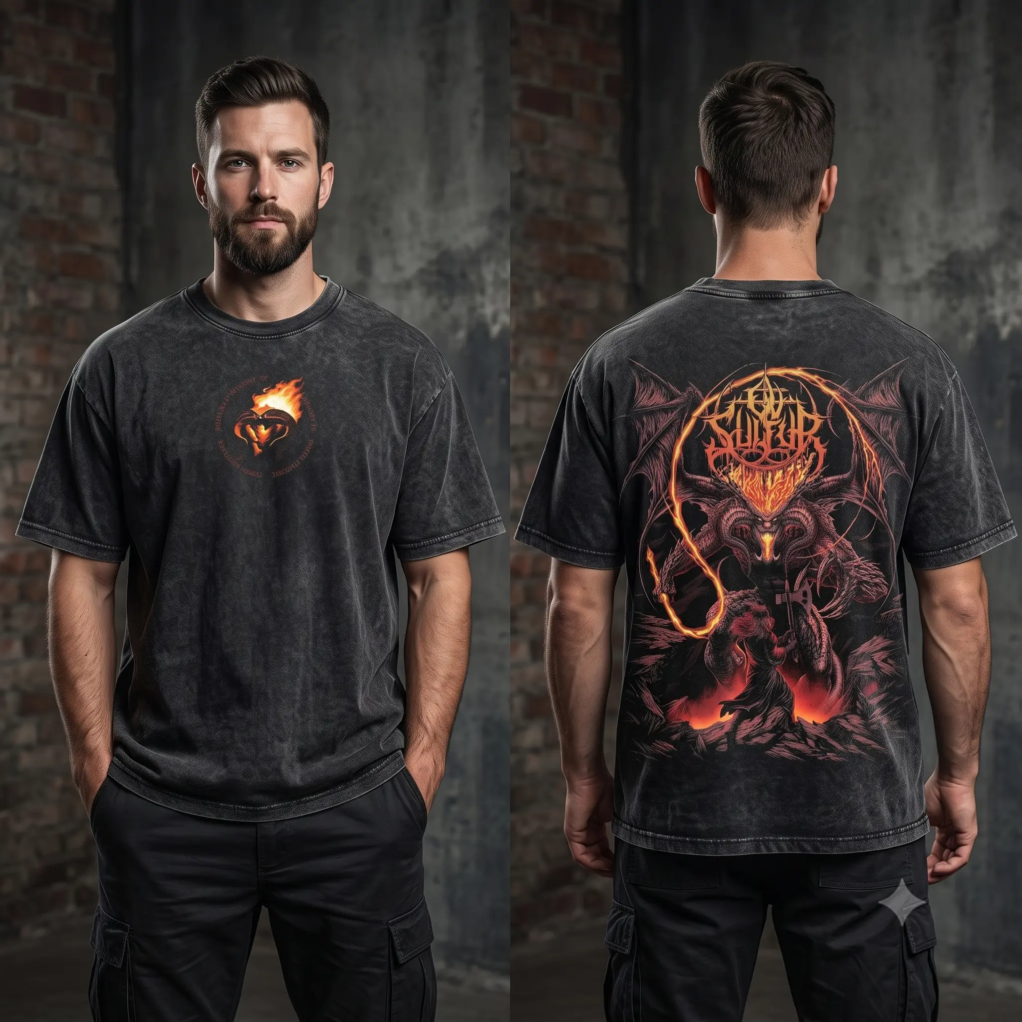 Men's Oversized 100% Heavyweight Washed Cotton Short-Sleeve Tshirt - Vintage Lord of the Rings Gandalf vs Balrog Khazad-dum Flame of Udun Graphic, Seamless Round Neck Casual Apparel, Streetwear Top, Men's Fan Gift, Shortsleeve, Men's T Shirts