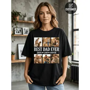 Custom Photo Collage T-Shirt for Dad, Personalized Name DIY Print Graphic Tee, Casual Short Sleeve Crewneck Men Top, Comfortable Apparel Daily Wear, Loving Family Memory Keepsake, Special Birthday Gif