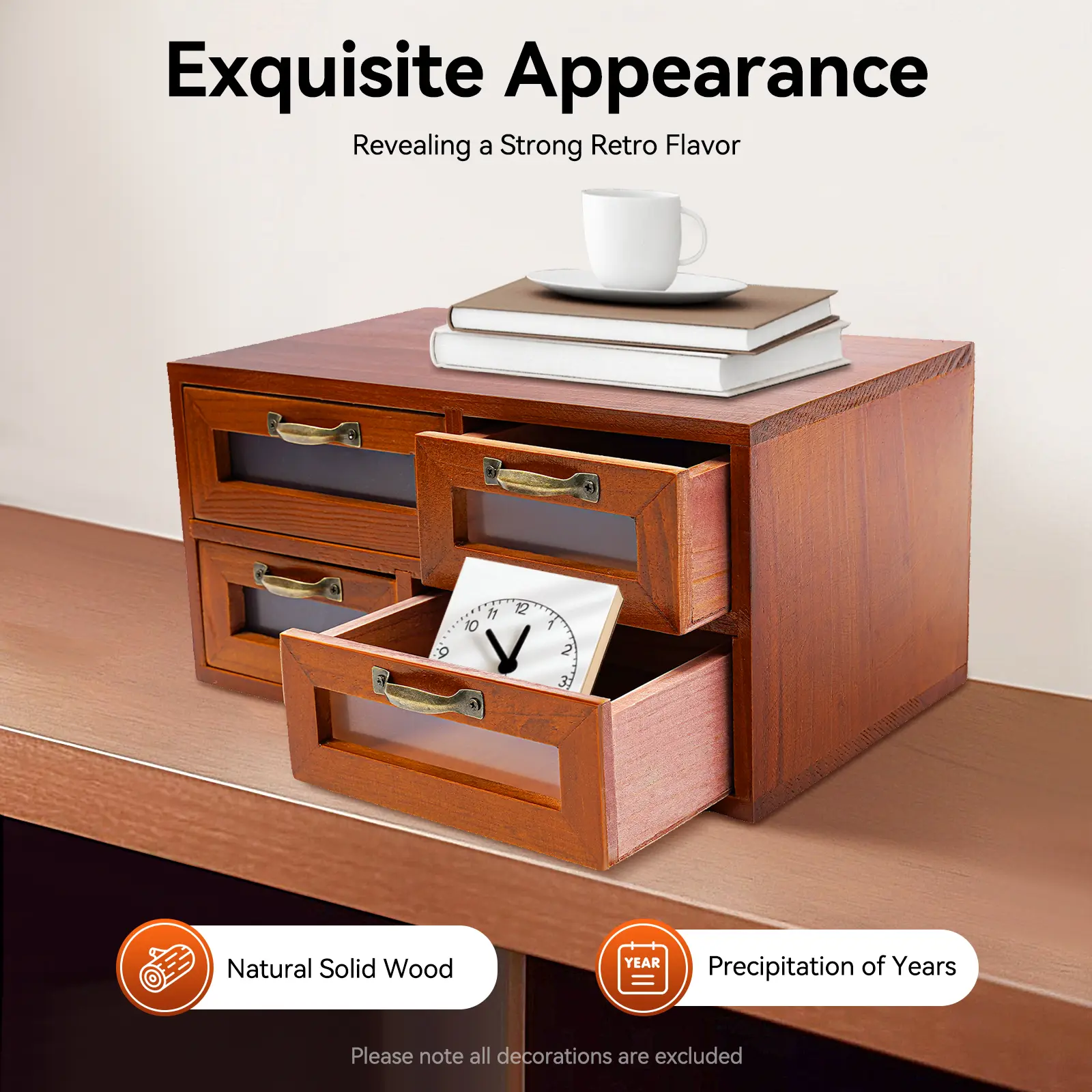 Brown Vintage Desktop Drawer Organizer 4 Pack 16 Drawers Solid Wood Clear Window Stackable for Home Office Desk Cosmetics Jewelry Small Items