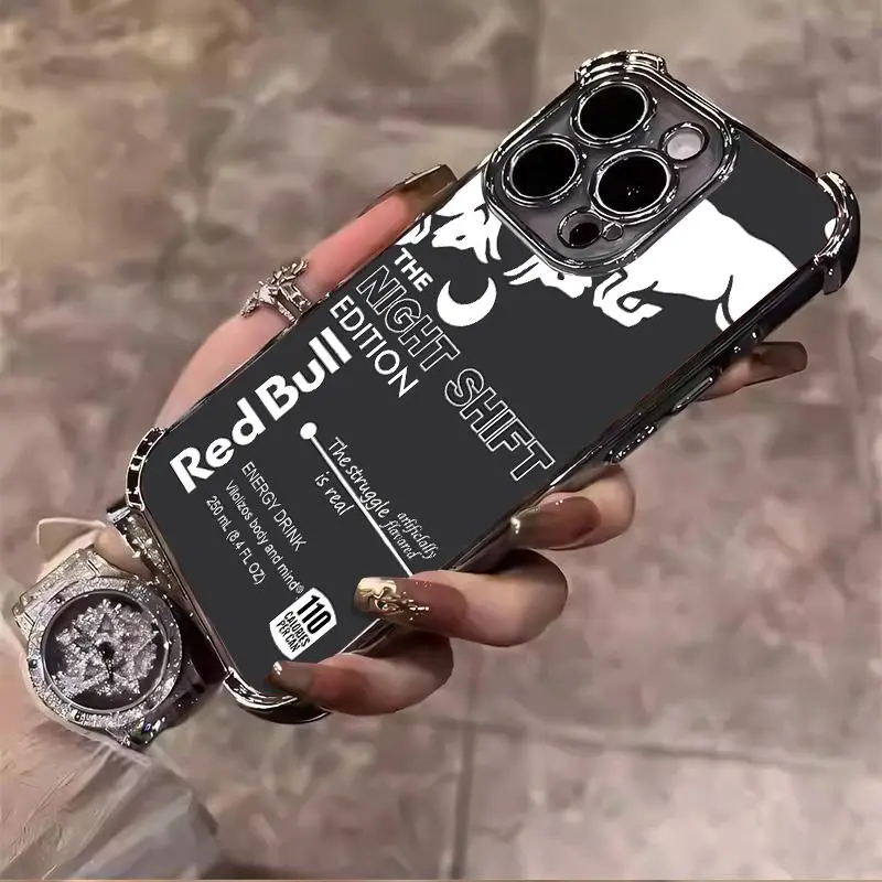 Red Bull for iPhone Case-Night Shift For iphone 17 16 15 14 13 12 11 Pro Max Plus Air Electroplating luxury transparent four corner anti drop and shockproof phone case 088 Protection Cover Protective Casing Black Smartphone Cellphone