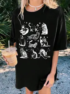 Women's Animal Cat Print Drop Shoulder Tee, Casual Half Sleeve Round Neck Fit T-shirt for Summer, Womenswear Top for Daily Wear