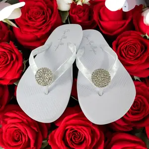 Rhinestone Round Jewel Flip Flops, White Flat Sandals with Bling & Satin Straps, Wedding Bridal or Destination Vacation, Pool Spa Day for summer
