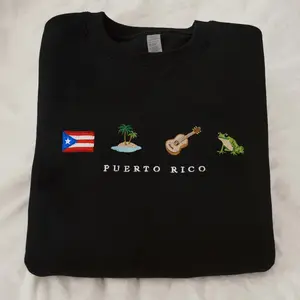 Puerto Rico Embroidered Sweatshirt, Boricua, Taino, Cotton, Flag, Coquí Fro Guitar, Island, Palm Tree, Ocean, Music, Latin, Reggaeton, Salsa, Bordado, Latin, Orgullo
