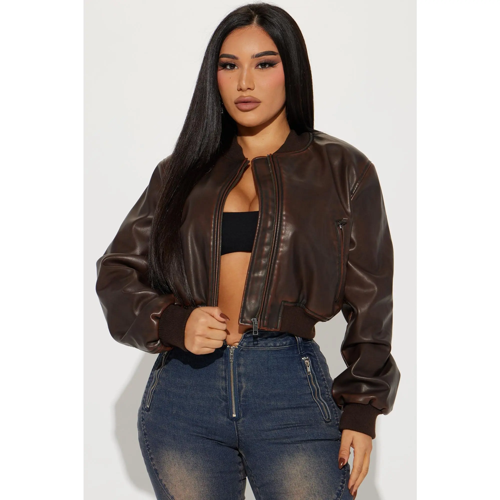 Zoe Washed Faux Leather Bomber Jacket - Brown