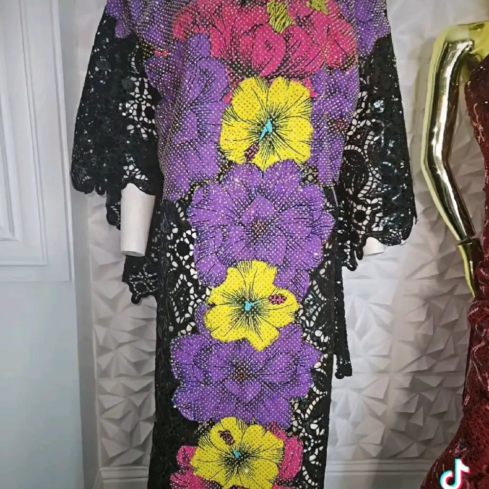 Cut Lace Bubu Fully Stone Dress with Vibrant Floral Design and Elegant Black Lace Accents