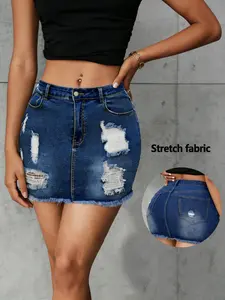 Women's Denim Short Skirt, Womenswear, Y2K High Stretch Fabric Fitted Slimming, Ripped Hem Frayed Design, Cool Chic, Casual Elegant Retro, Summer Wear, Stretchy Denim Skirts
