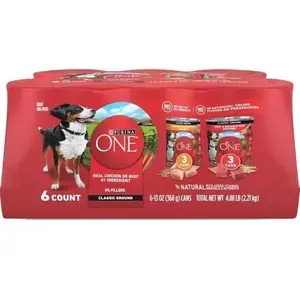 Purina ONE Classic Ground Chicken and Brown Rice, and Beef and Brown Rice Entrees Wet Dog Food Variety Pack - (Pack of 6) 13 oz. Cans
