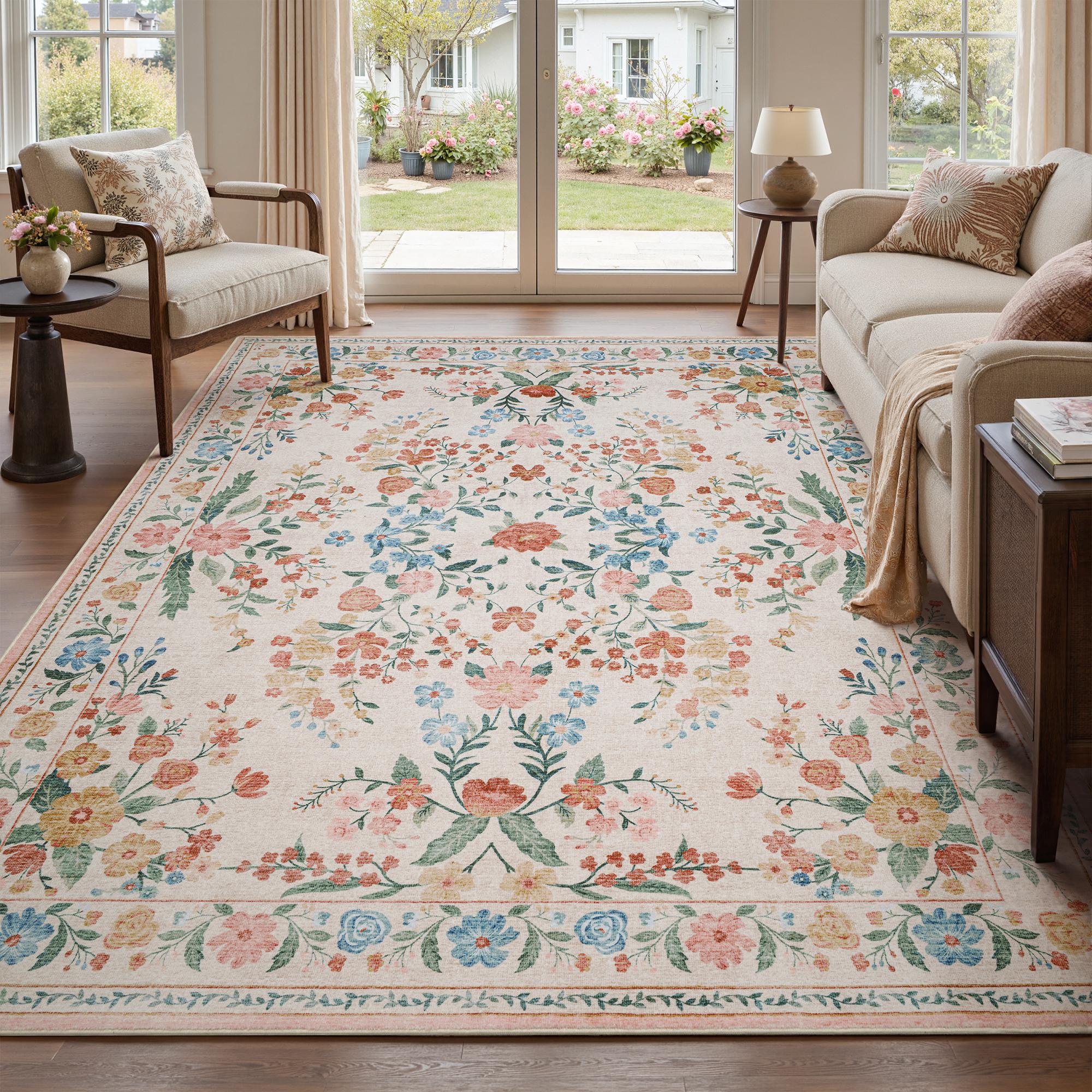 [Deals For You Days] MontVoo Floral Pattern Decorative Rug Mat, Washable Bohemian Area Rug, Vintage Cottage Style, Non-Slip TPR Backing, Soft & Easy-to-Vacuum for Living Room and Bedroom summerwins