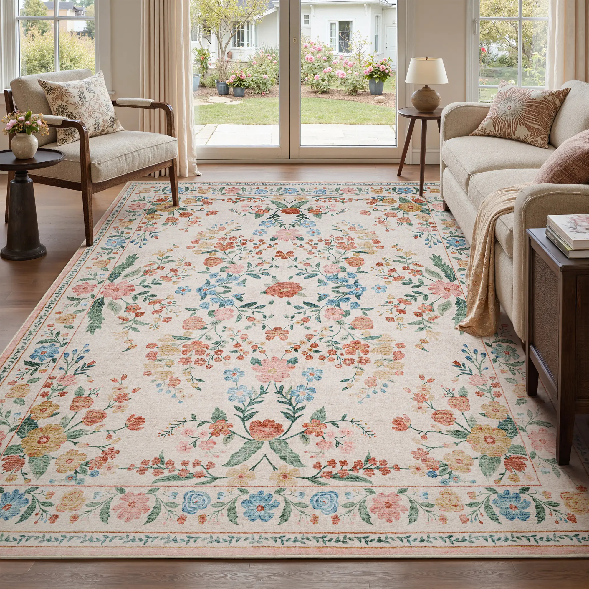 MontVoo Floral Washable Area Rug, Romantic Cottage Style for Living Room & Bedroom, Non-Slip TPR Backing, Soft Touch & Easy Vacuum, Fallfreshness
