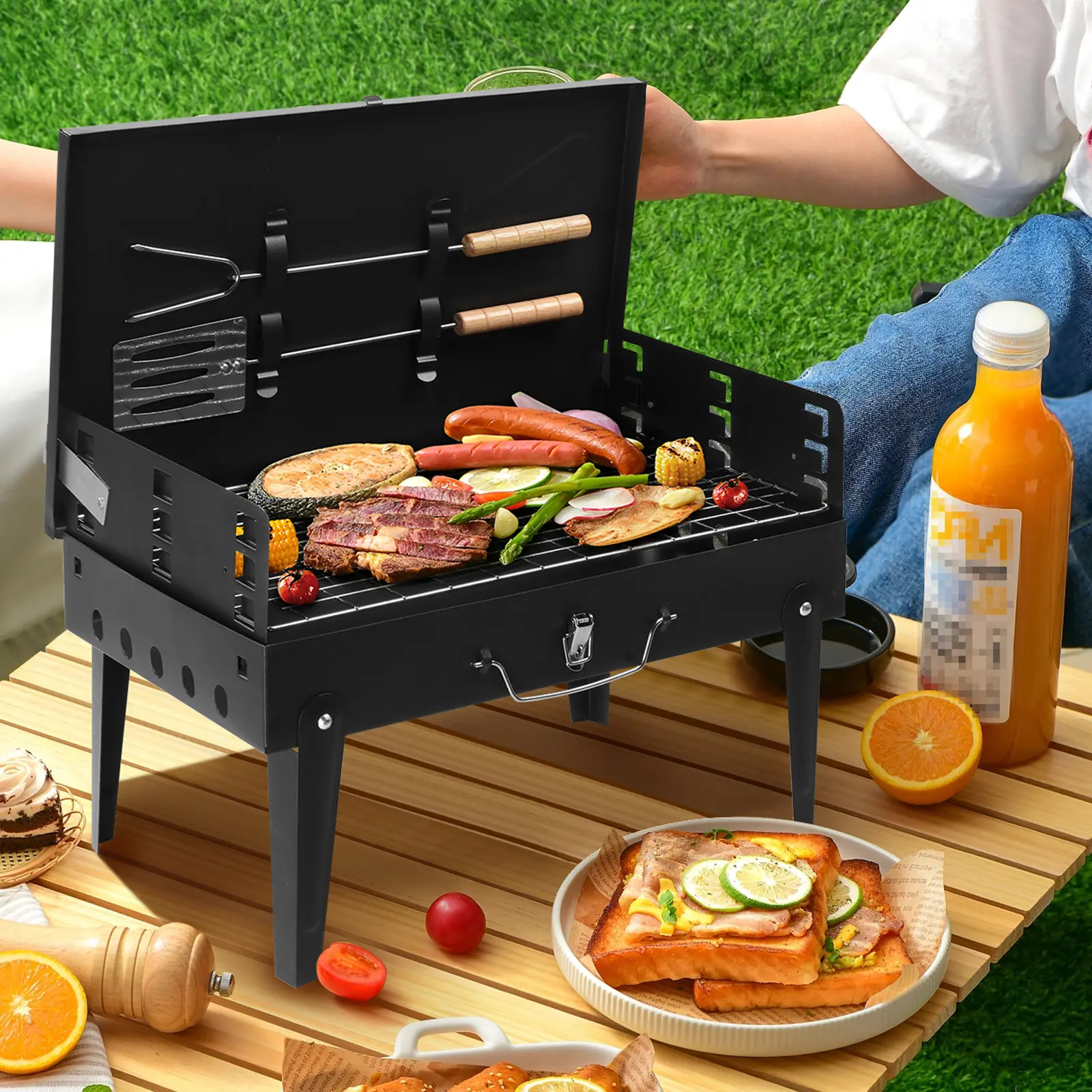 Portable Charcoal Grill, Foldable Outdoor BBQ Grill with Lid Cast Iron Barbecue Accessories for Camping Cooking 44×27×7cm Food Dinner Metal
