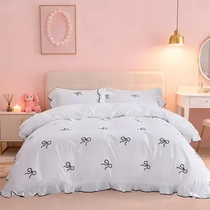 Princess Style Bow Embroidered Solid Color Lace Bedding Set, Queen Size, Christmas Gift Idea, Includes Sheet & Pillowcases Only