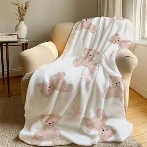 1pc Cute Bear Pink Bow Throw Blanket Cozy Flannel Soft Blanket for Bed Extra Large Machine Washable All Season Anti Seasonal Blanket Comfort for Home Office Travel & Camping Gifts for Women Girls Friend Soft Warm Blanket Flannel Blankets
