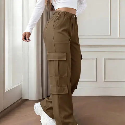 Women's High-Waisted Polyester Cargo Pants - Semi-Elastic Waistband, Multi-Layer Side Pockets, Metal Button Front, Drapey Wide-Leg Floor-Length, Retro Style Curve-Concealing, Euro-American Fashion, All-Seasons Casual Clothes with Comfort & Flattering Fit